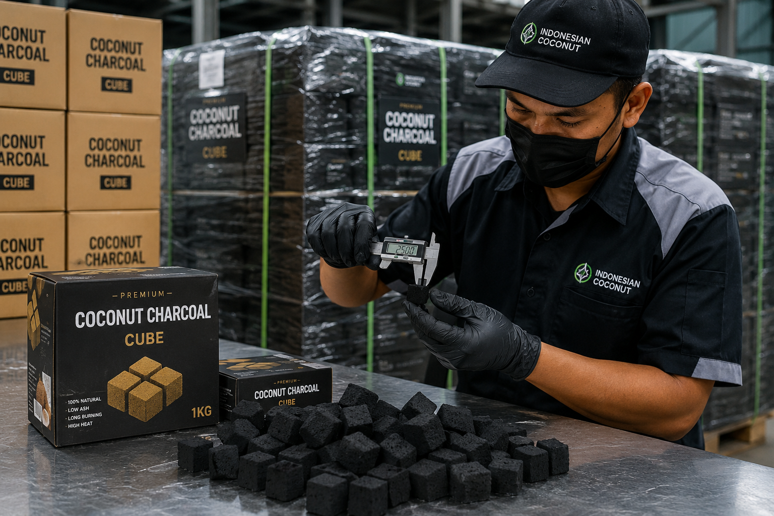 Quality control inspection of premium coconut charcoal briquettes in an Indonesian manufacturing facility.